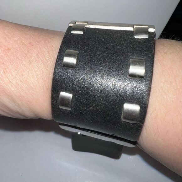 Vintage Mod Biker Leather Studded Rectangular Watch (needs battery) - Picture 2 of 8